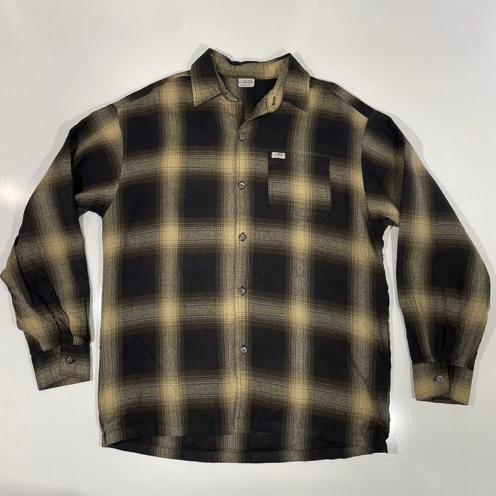 CalTop Men’s Plaid Flannel Button Up Shirt Jacket Beige Black Medium